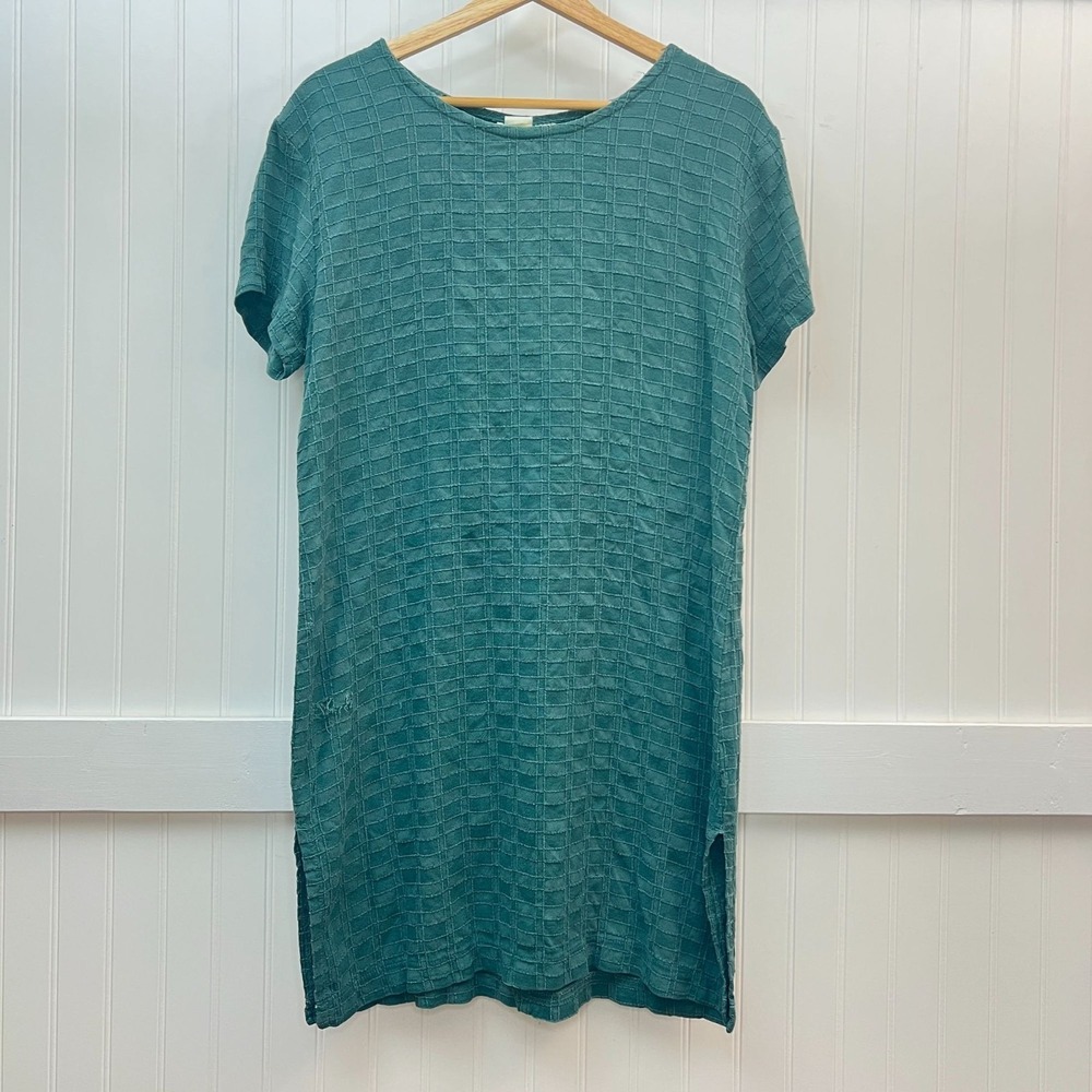 Vintage Teal Green Waffle Lagenlook Checkered Knit Dress Short Sleeve Casual M